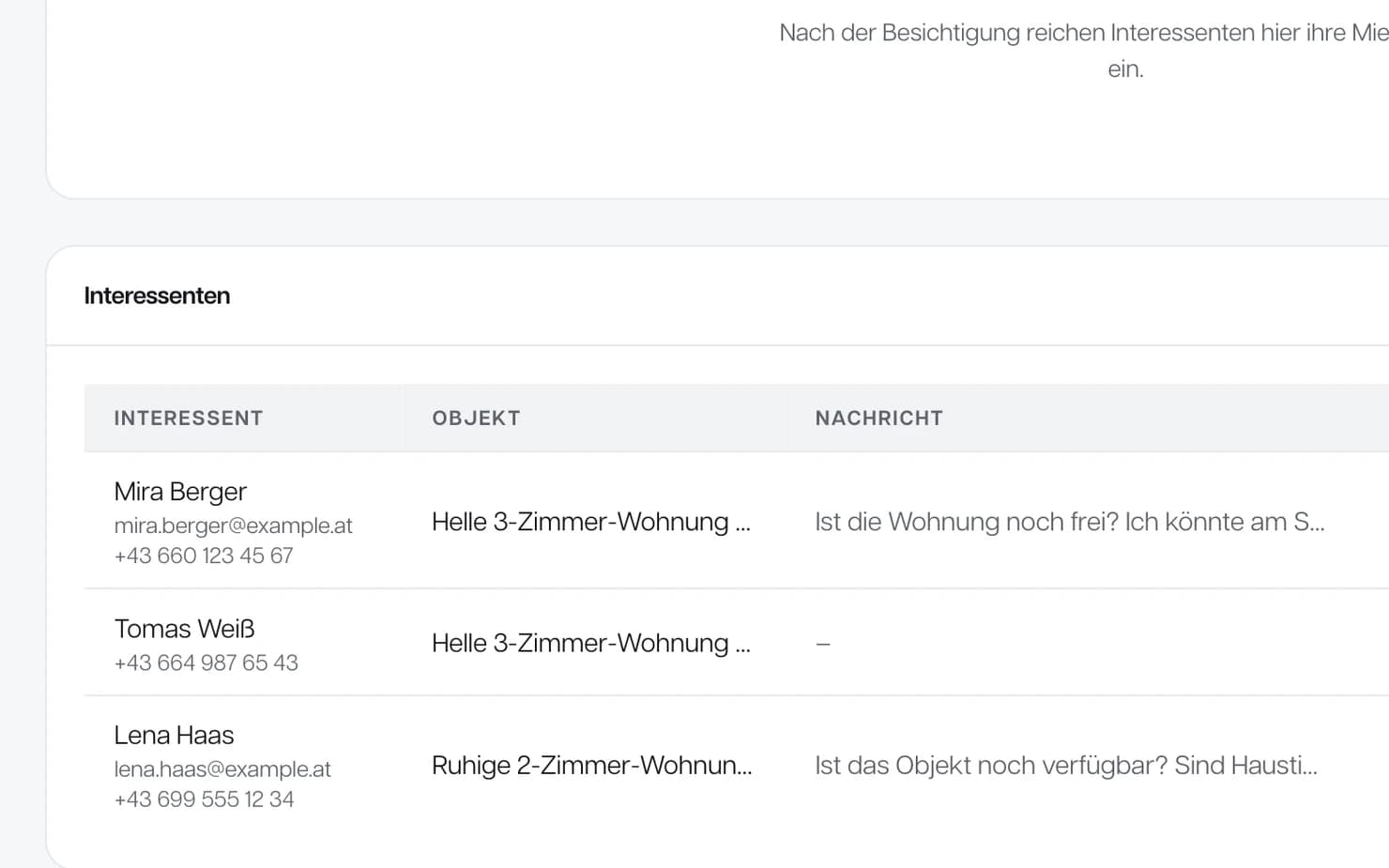 Ausschnitt aus der Bewerberansicht im Portal: die Tabelle der Interessenten mit Name, Kontakt, Objekt und Nachricht, drei Zeilen untereinander.