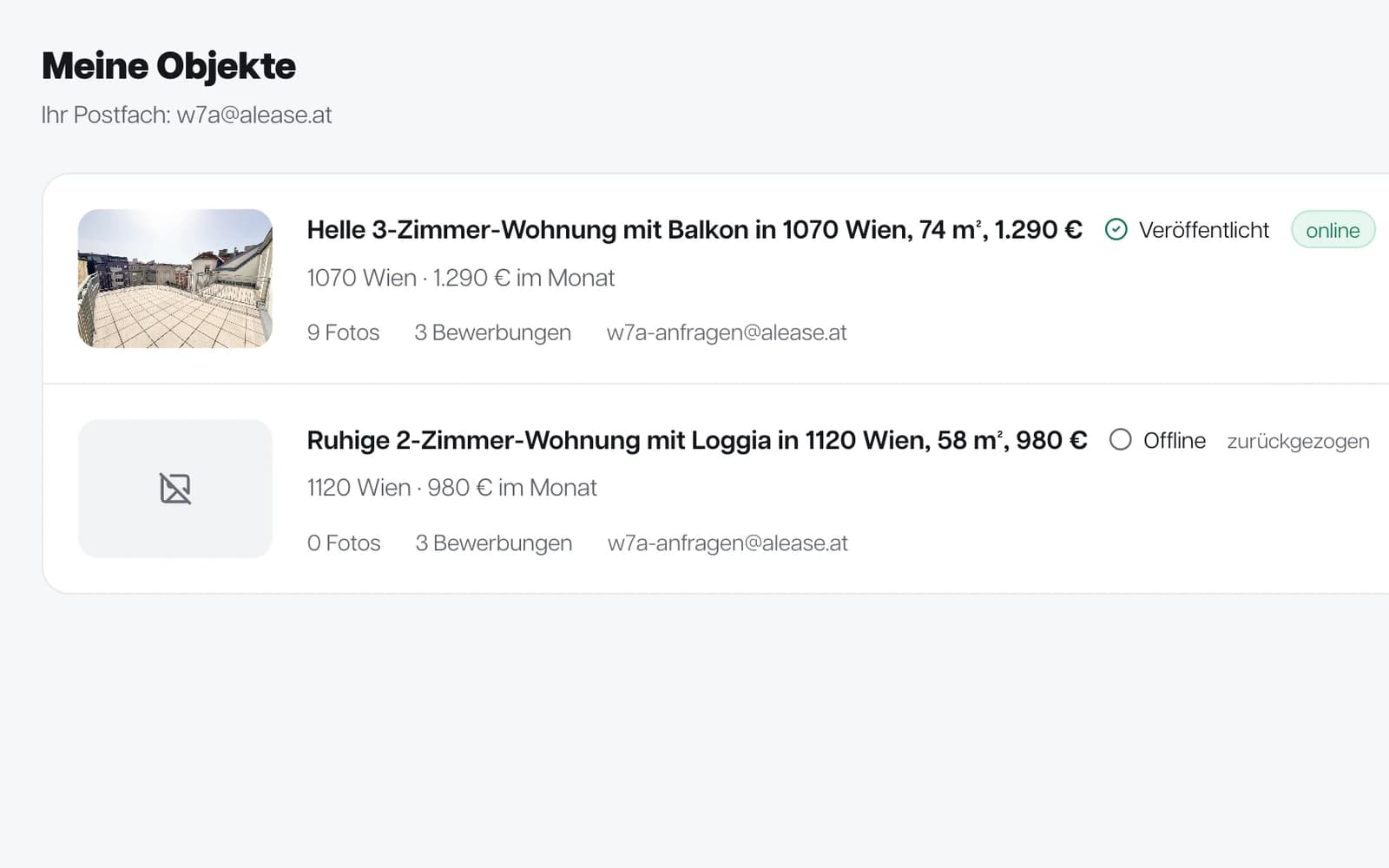 Ausschnitt aus der Objektliste im Portal: eine Tabelle mit Objektbezeichnung, Adresse und Zustand, drei Zeilen untereinander.