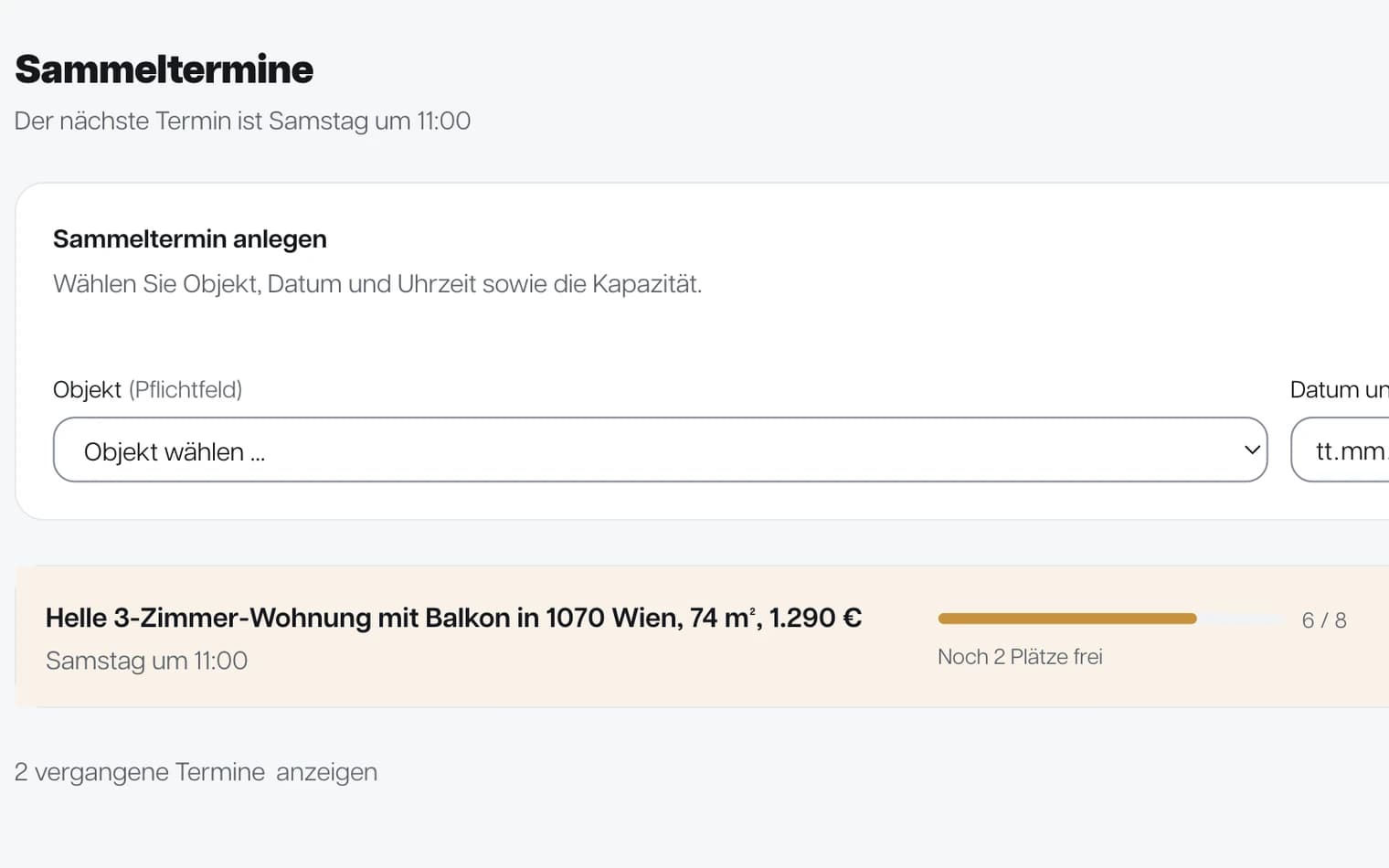 Ausschnitt aus der Terminansicht im Portal: zwei Sammeltermine mit Datum, Uhrzeit und der Zahl der vergebenen Plätze.