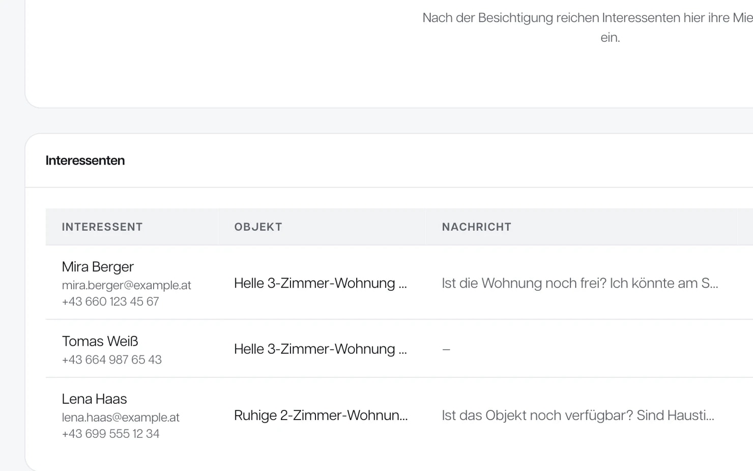 Ausschnitt aus der Bewerberansicht im Portal: die Tabelle der Interessenten mit Name, Kontakt, Objekt und Nachricht, drei Zeilen untereinander.