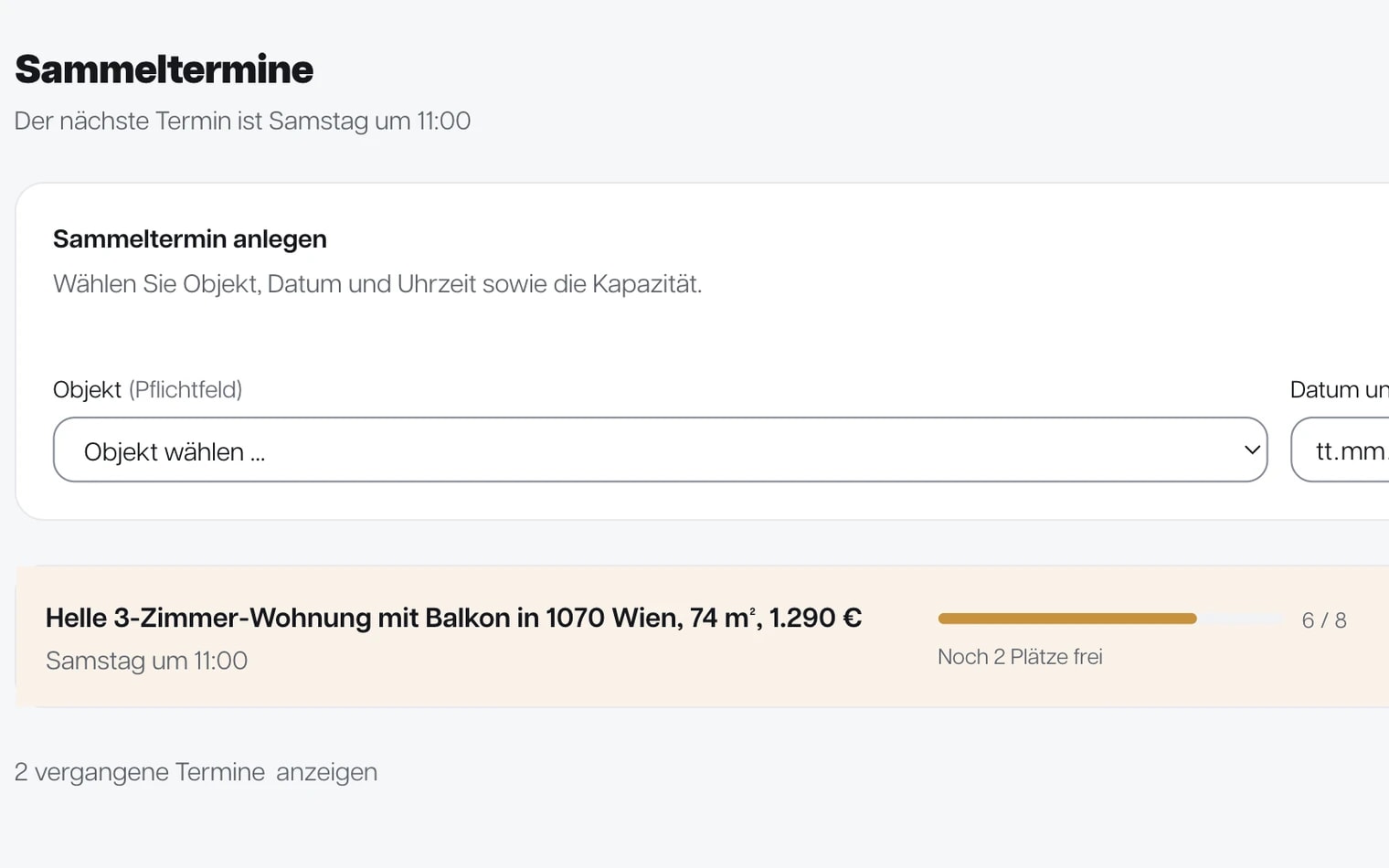 Ausschnitt aus der Terminansicht im Portal: oben das Feld, um einen Sammeltermin anzulegen, darunter der nächste Termin mit Datum, Uhrzeit und dem Vermerk, dass noch zwei Plätze frei sind.
